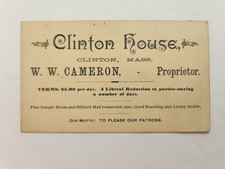 1880s antique CLINTON HOUSE ma HOTEL prop WW CAMERON billiard livery $2 day CARD