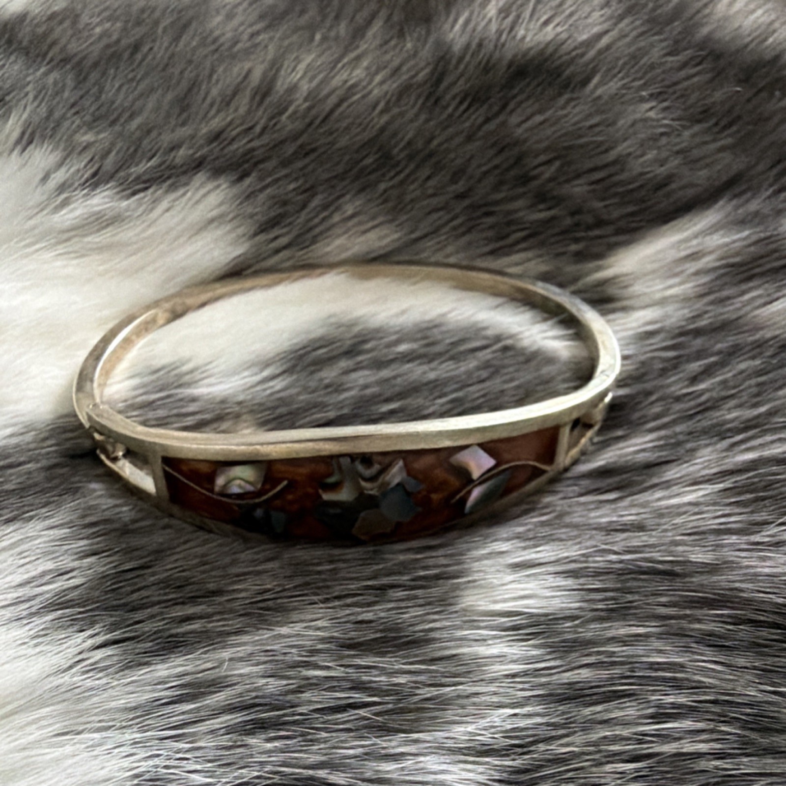 Vintage Mexico Abalone Shell Bangle Bracelet Silver Snap