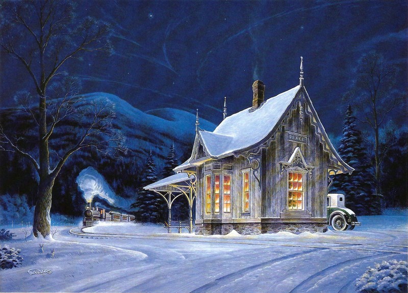 Train Depot Railroad Locomotive Home For Christmas Snow Ford SIGNED by Souders