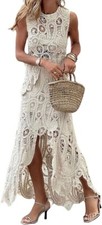 Women Two Pieces Skirt Sets Summer Cut Out Hi-Low Crochet Knit Long Dresses
