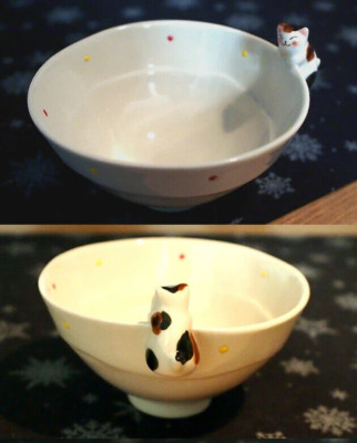 Japanese  Porcelain  A Pair of Rice Bowl with  calico & tabby cats  hand made