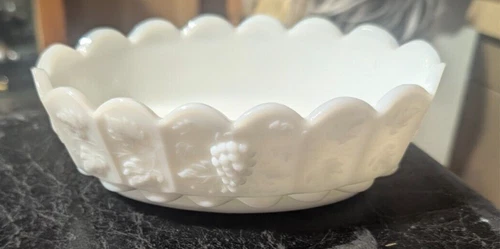 Vintage Westmoreland White Milk Glass Oval Dish with Raised Grape Design   #126