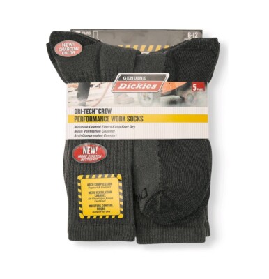 Dickies Performance Mens Work Socks  GRAY  Dri-Tech Crew 5 Pack.  6-12