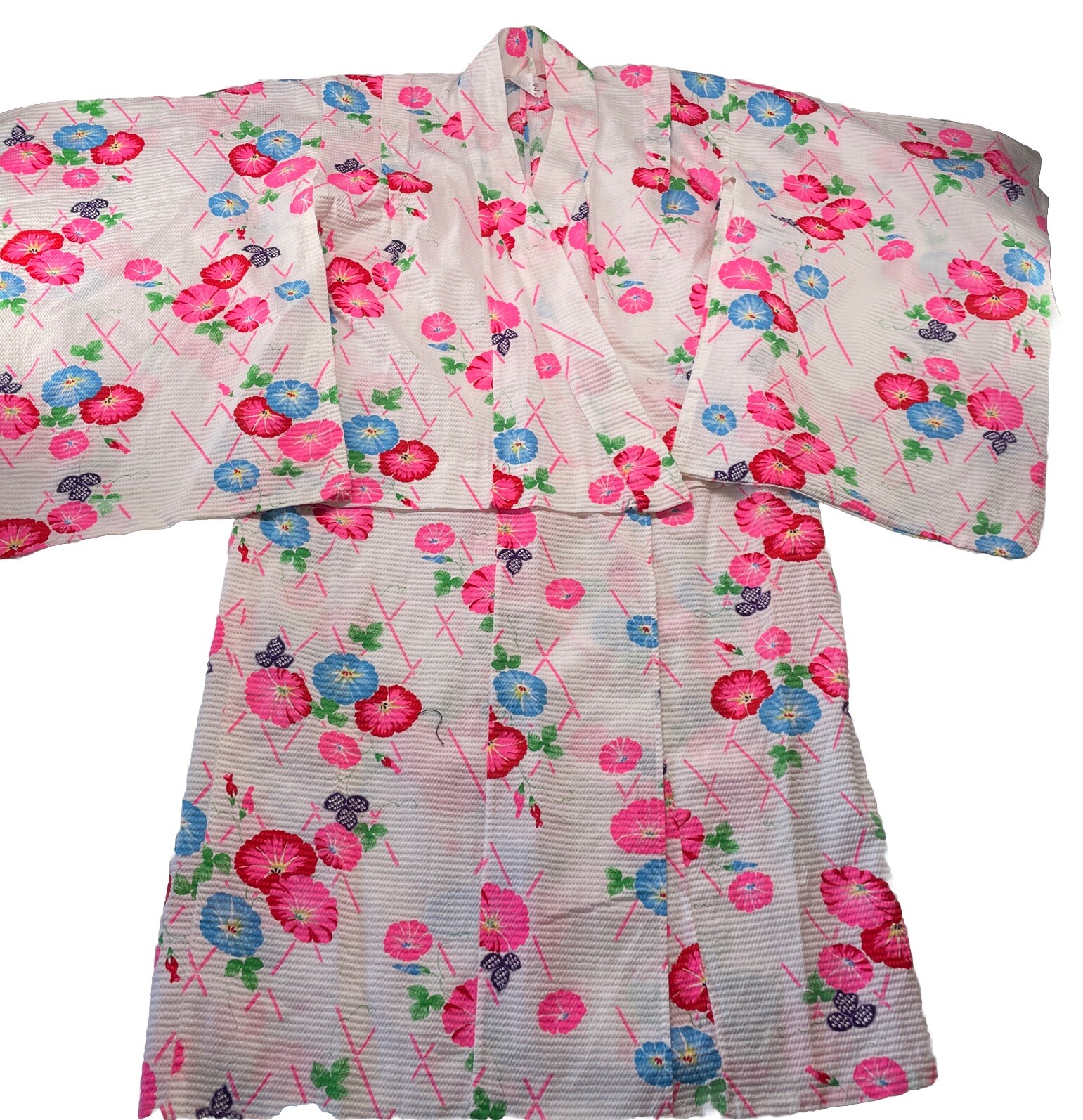 Vtg Kimono Robe Bright Floral Pattern 100% Cotton Size 45- Xtra Small Cos Play