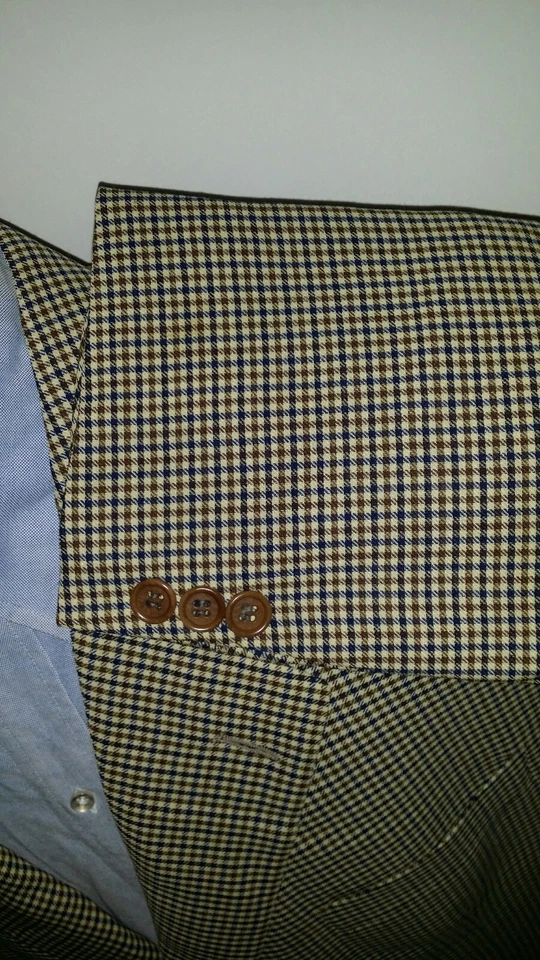 Vintage Oscar De La Renta 42L Blue Tan Gun Check Gingham Sport Coat Blazer ITALY - Image 3 of 4