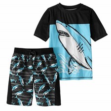 wonder nation Boys Green Chill Mode Rash Guard Green Shark Swim Trunk 2 Piece...
