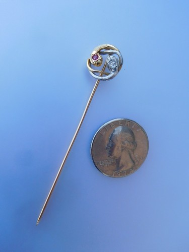 French Victorian 18K Gold Platinum Diamond Ruby Loop Serpents Snakes Stick Pin🐍 - Picture 17 of 17