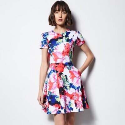 MILLY DesigNation Floral Fit Flare Dress Mini Short Sleeve Stretch Red Pink 12 L