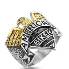 Stainless Steel American Biker Ring - 2 Tone Gold IP Eagle Steel Cast Biker Ring
