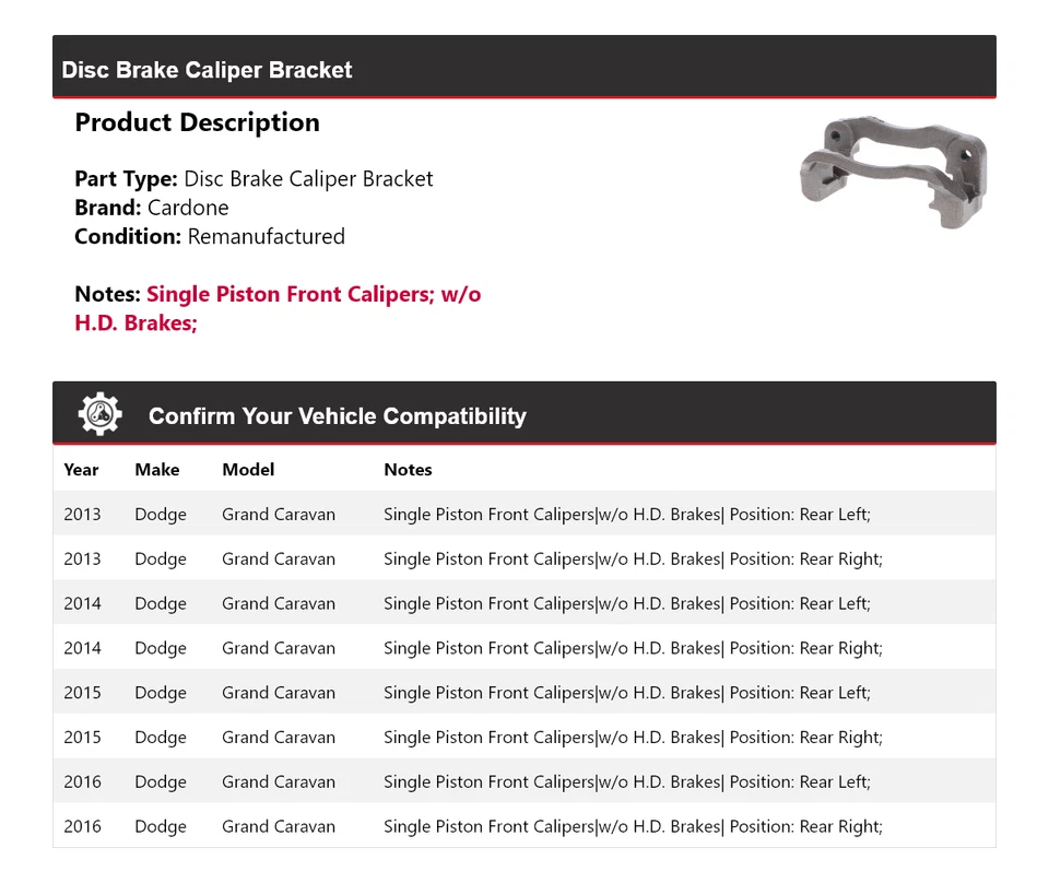 Soporte de pinza de freno de disco Cardone 2014 2015 para Dodge Grand Caravan 2013-2016 Foto 2 de 4