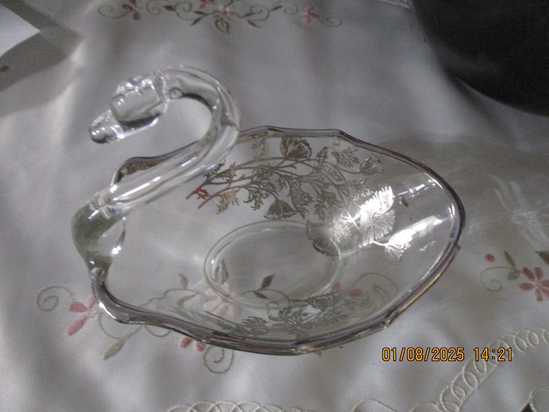 Vintage Mid Century Swan Candy  Dish Clear Glass Silver Etched Floral Design