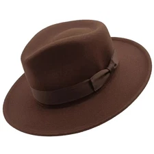 Premium Wool Felt Indiana Jones Fedora Hat w/Grosgrain Band Crushable Outback