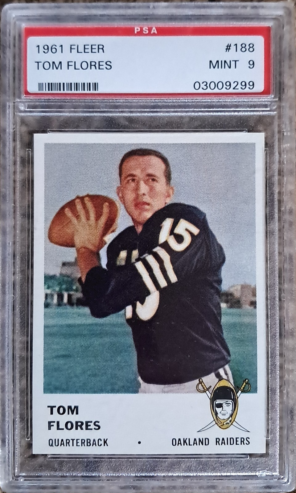 1961 Fleer #188 Tom Flores Rookie HoF PSA 9 Raiders Vintage Graded Football Card