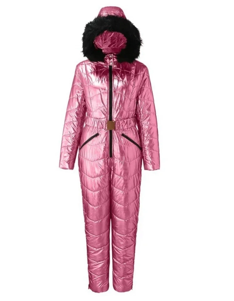 Traje de nieve impermeable rojo rosa para mujer con capucha de piel talla grande Foto 2 de 3