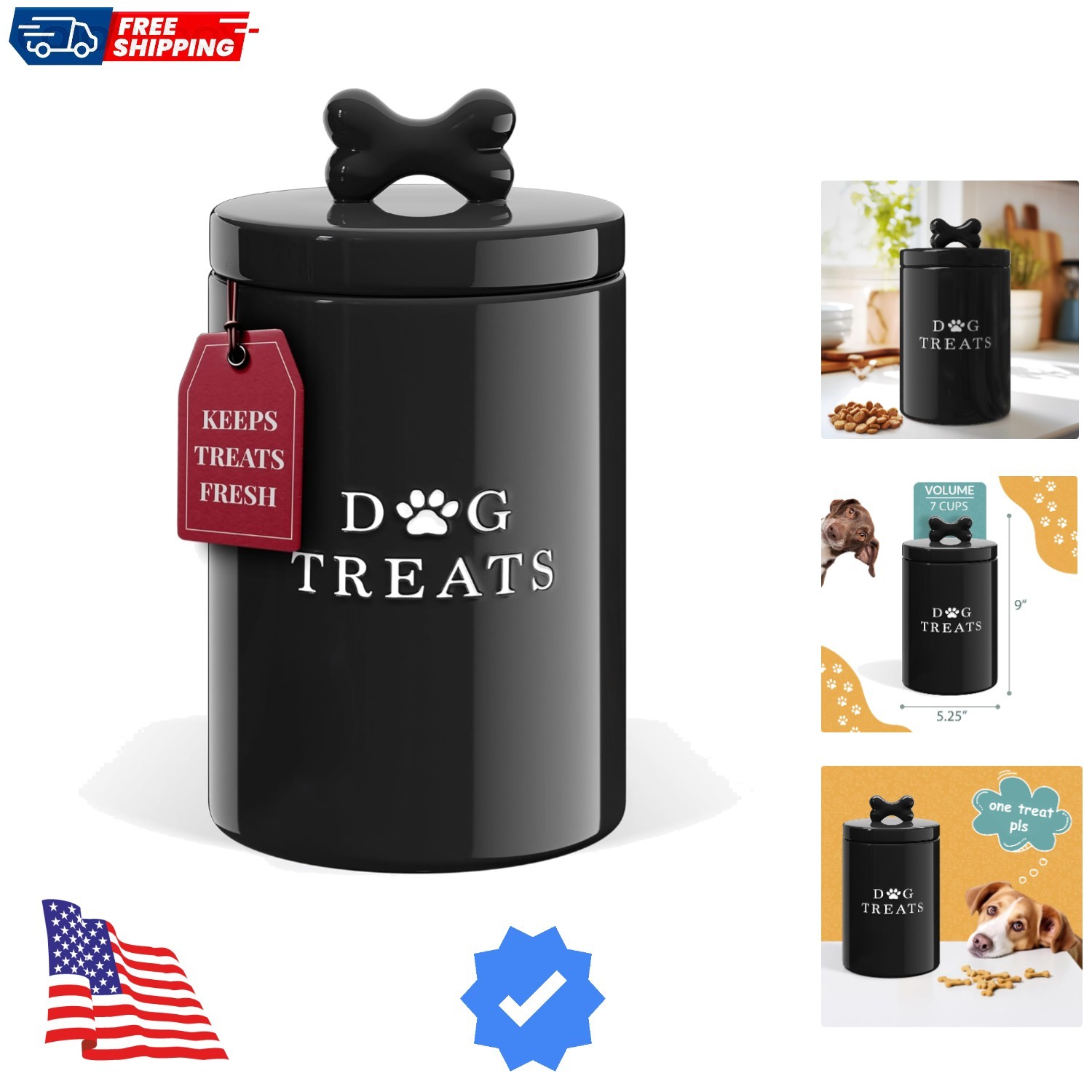 Large Dog Treat Container Airtight with Lid, Cute Rustic Ceramic Dog Treat St...