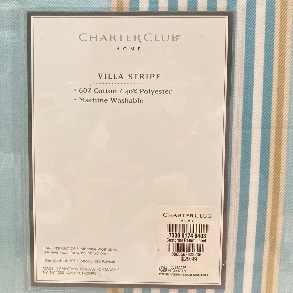 Charter Club 淋浴帘别墅条纹浅蓝色棕褐色白色全新棉聚乙烯 — 第 4/4 张图片