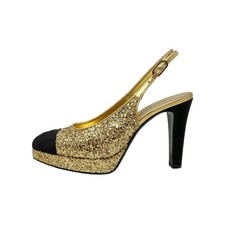Chanel Gold Glitter Cap Toe Slingback Heels Platform 38