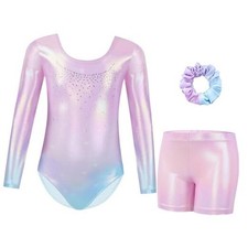 Gymnastics Leotards for Girls Long Sleeve Sparkly Rhinestone 8-9 Years C-pink