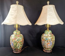 PAIR Vintage Chinese Famille Rose Porcelain Ginger Jar Lamps   27  Tall