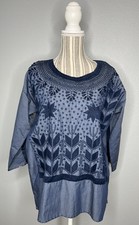 Oaxaca Mexican Embroidered Woman  s Tunic Size S/M Navy Blue Boho Top FLAW