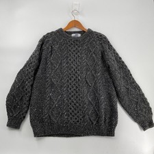 John Molloy Irish Aran Fisherman Sweater Mens L Grey Wool Hand-knit chunky