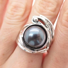 HAGIT GORALI 925 Sterling Silver Vintage Tahitian Pearl Modernist Ring Size 8.5