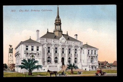 Berkeley CA City Hall Early Edward H Mitchell Postcard c1910s Horse & Auto View