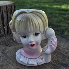 Vintage Ceramic Lady Head Vase Teenager On The Phone Blonde Hair Red Lips 1950s 