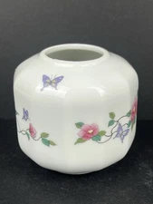 Vintage Takahashi Camille Porcelain Vase 3”x3” Butterfly & Floral Design Japan