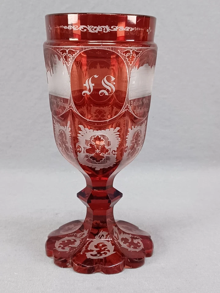 Mid 19th Century German & French Engraved Scenes Ruby Stained Cut Glass Goblet - Image 4 of 4