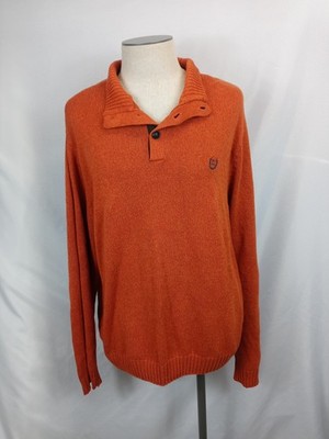 Chaps Mens XXL Sweater Orange Button Mock Neck Elbow Patches FLAW Missing Button