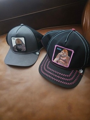 Goorin BOSS Barrel Hat Lot 2 Hats Gray & Black Trucker Cap with Gorilla Patch