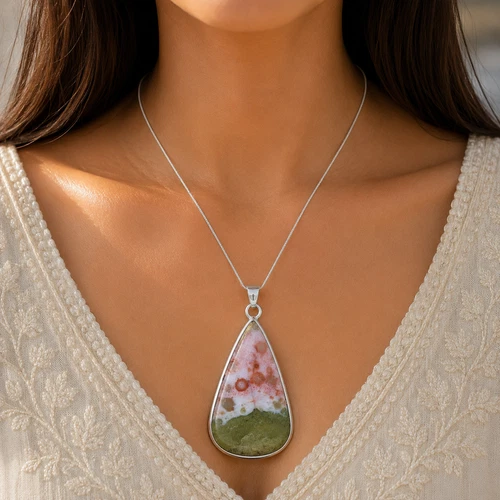 Natural Ocean Jasper Pear Shape Pendant, 925 Sterling Silve Necklace, Handmade - product listing photo
