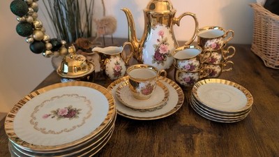 Bavaria Porzellan Service 24 Karat Gold Rosen Vintage Handarbeit Kaffee Set 6