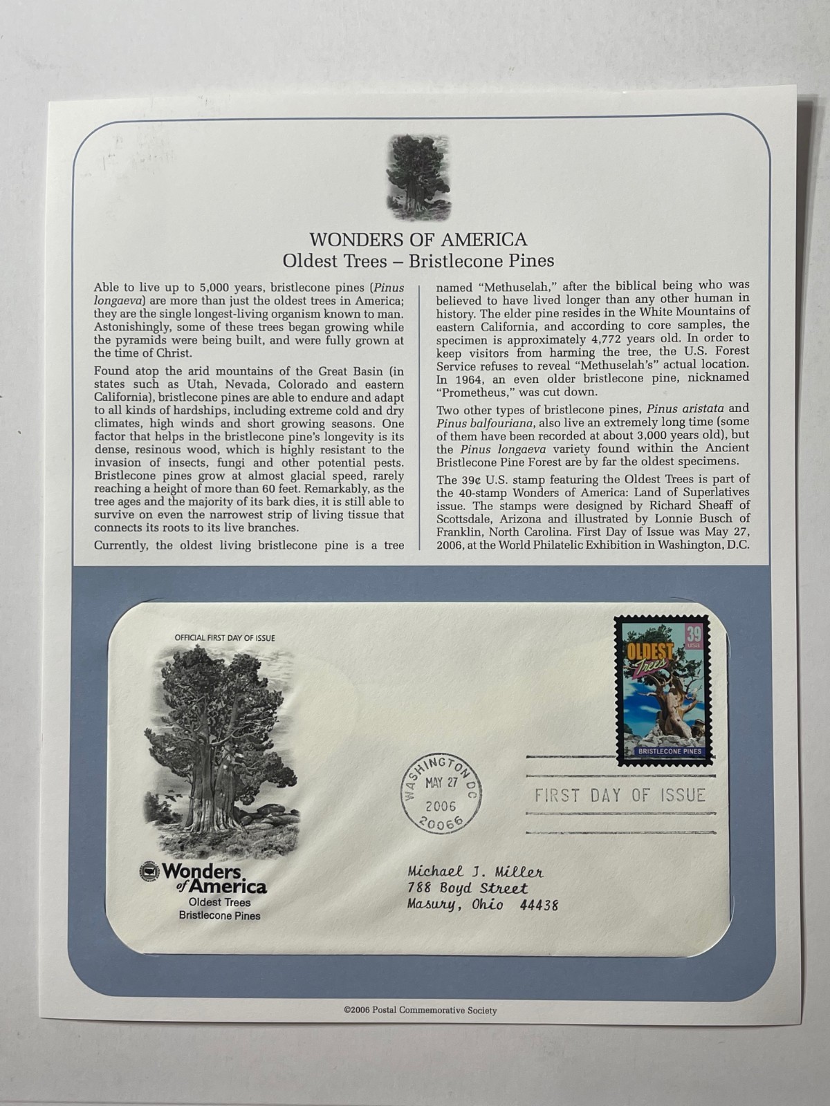 Oldest Tree Bristlecone Pine First Day Cover Postal Commemorative Society 2006