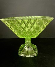 Vintage Bohemian Footed Pedestal Bowl ~ Vaseline Glass 1930’s Czechia