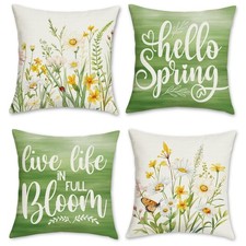 Bonhause Hello Spring Throw Pillow Covers 18 x 18 Inch White Yellow Floral Gr...