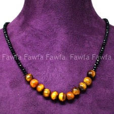 3mm Faceted Black Spinel  8mm Yellow Tigers Eye Gems Round Beads Necklace 18''