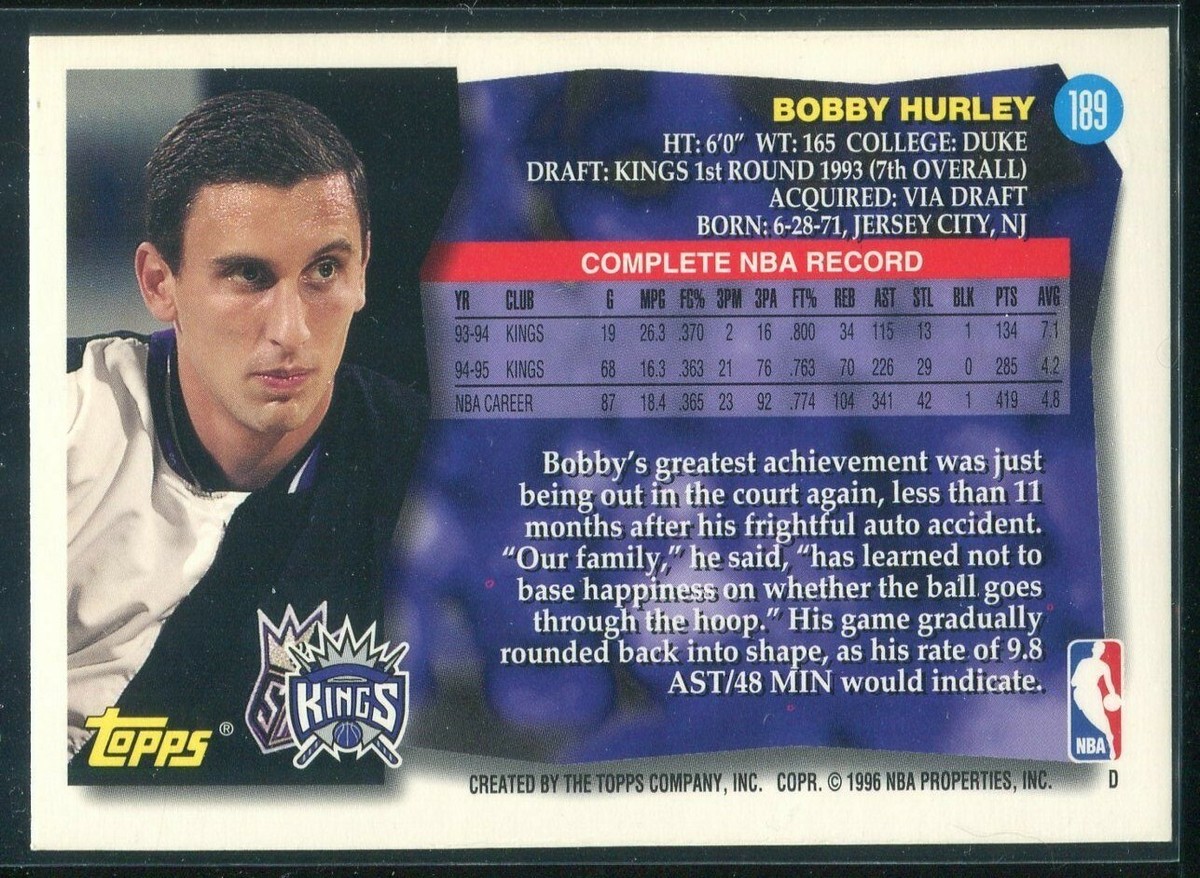 1996 Topps Basketball Bobby Hurley #189 Sacramento Kings | eBay