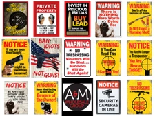 12" x 17" Tin Metal GUN & Shooting Signs: No Trespassing, Self Defense, Beware