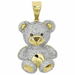 Authentic 14K Yellow Gold Plated Moissanite Teddy Bear 3D Pave Charm Pendant for Child