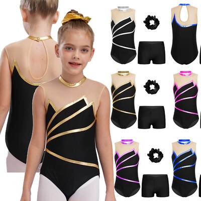 DE Damen Glänzend Turnanzug Gymnastikanzug Set Turnbody mit Haarband Hose Ballet