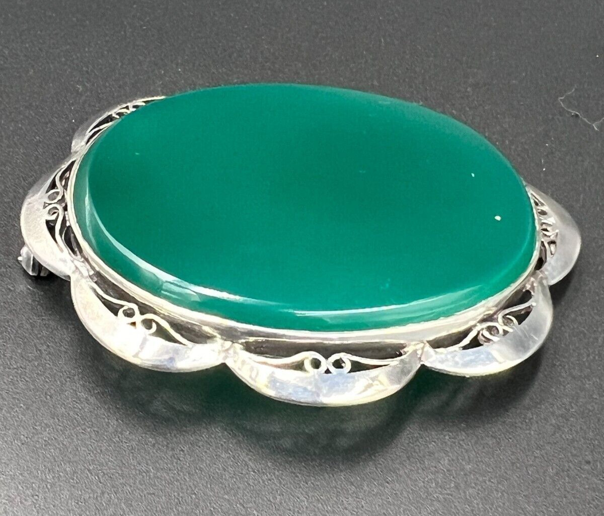 Antique Solid Silver & Chrystoprase Large Brooch … - image 1