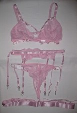 Shein lace bralette g-string garter belt dual strap leg rings set S M pink nip