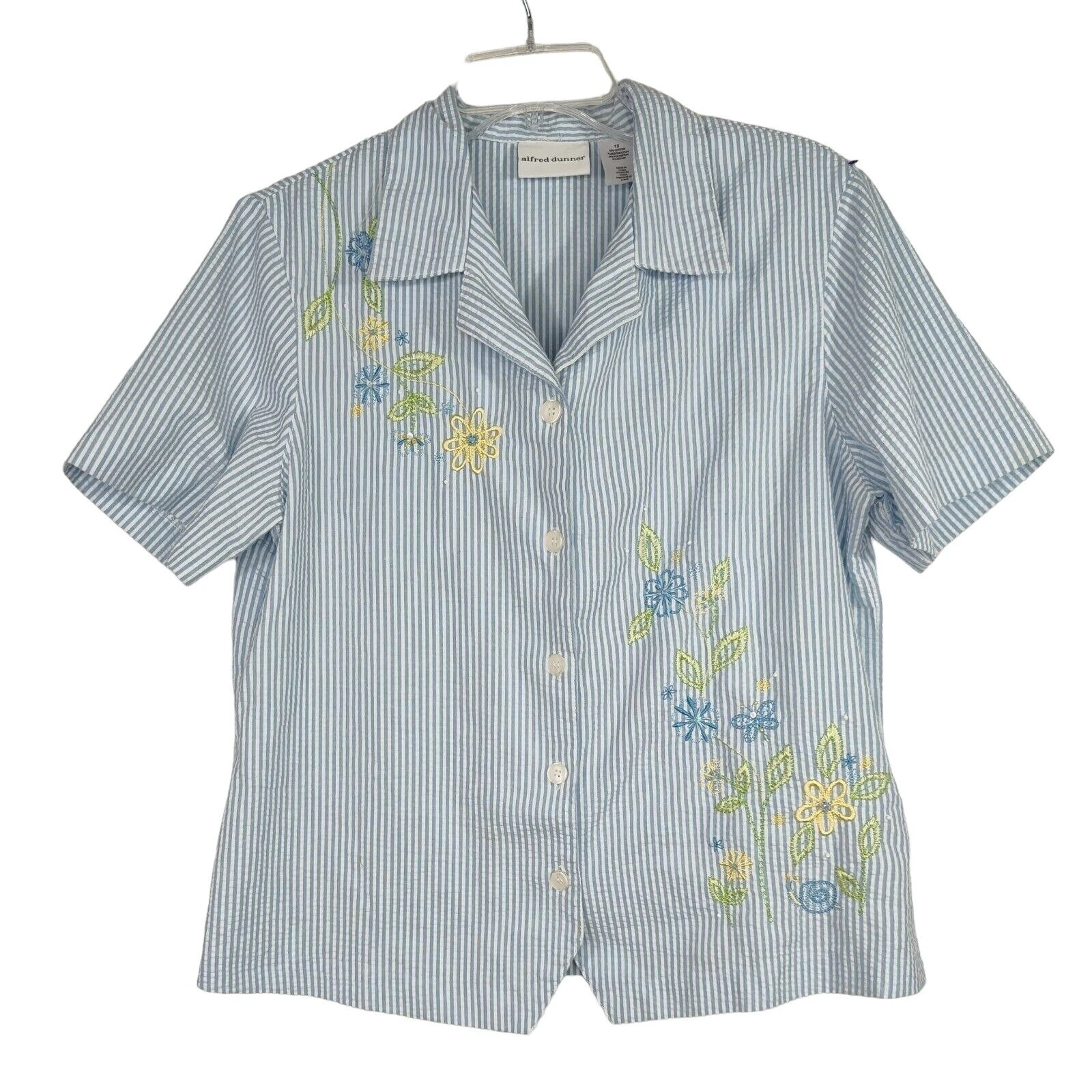 Alfred Dunner Blue White Stripe Seersucker Button Up Top Shirt Women Size 12