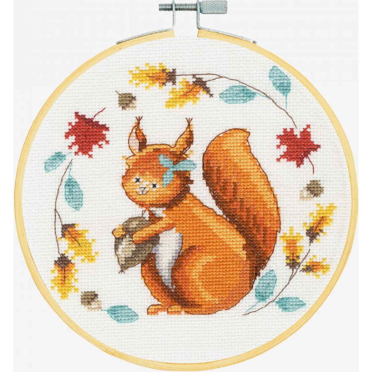 DMC counted cross stitch kit with hoop ""Folk Squirrel"", diam.18ccm, DIY
