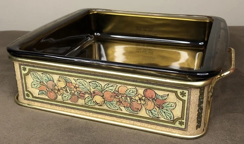 Vtg PYREX Corning 222 Glass Baking Dish w/ Decorative Metal Holder Fruit 8" x 8"
