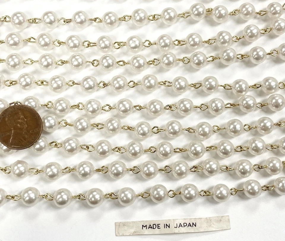 Perla blanca japonesa vintage de 3 pies de 8 mm. Cadena de eslabones rosario de latón con cuentas 572 Foto 3 de 4