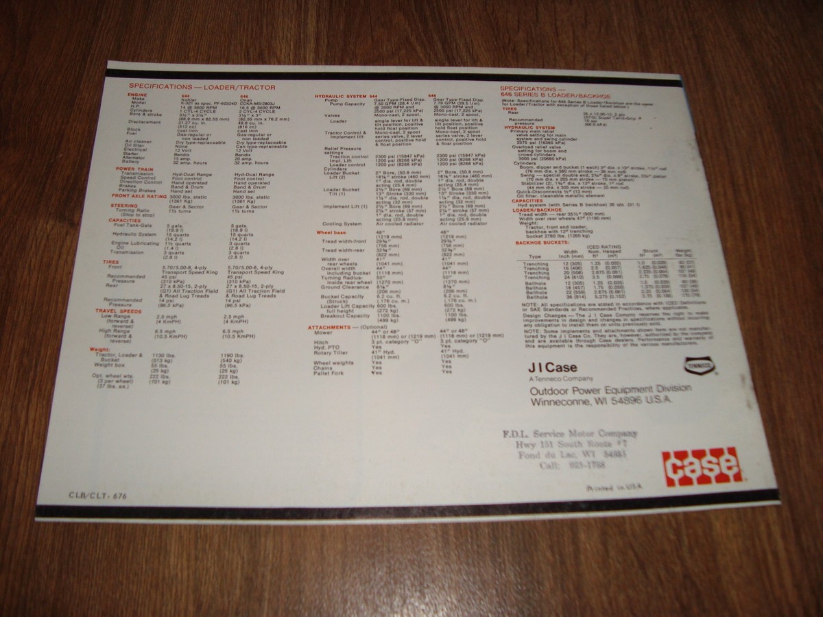 Vintage Case Model 644 646 Compact Loader Tractor Backhoe Brochure