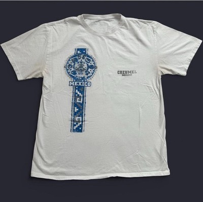 Cozumel Mexico souvenir graphic tee with blue Aztec calendar print